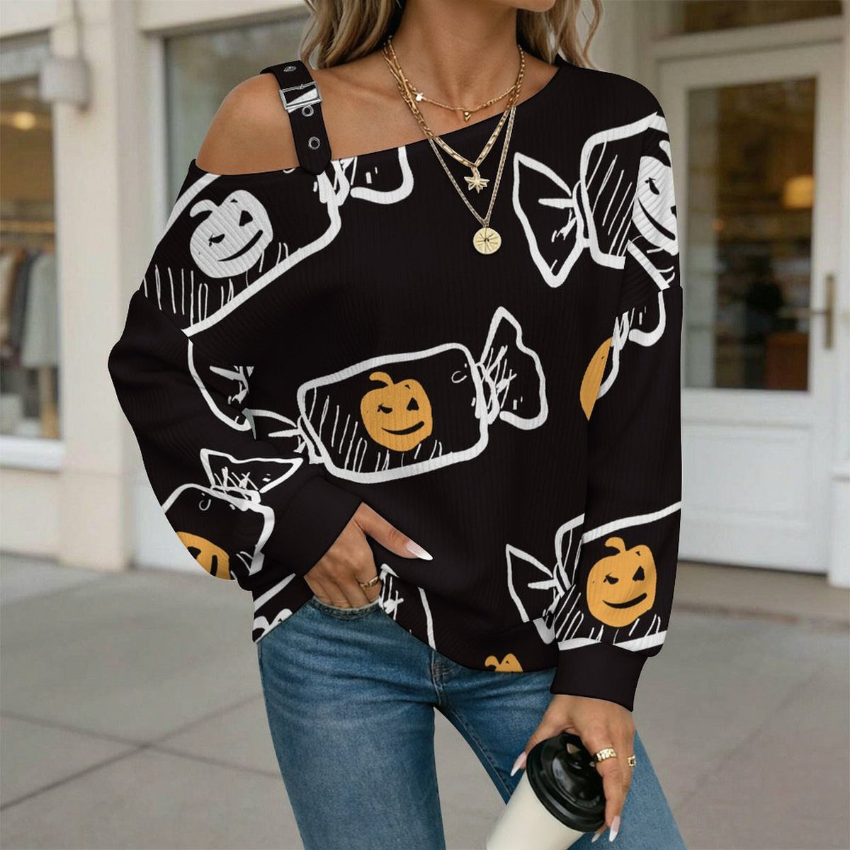 Off-the-shoulder Sweater Pumpkin Candy, Halloween  Asymmetric Cold Shoulder Knit Sweater for Women, Adjustable Buckle Strap Long Sleeve Casual Slouchy Pullover