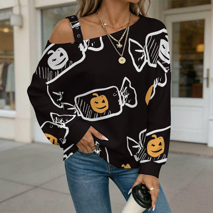 Off-the-shoulder Sweater Pumpkin Candy, Halloween  Asymmetric Cold Shoulder Knit Sweater for Women, Adjustable Buckle Strap Long Sleeve Casual Slouchy Pullover