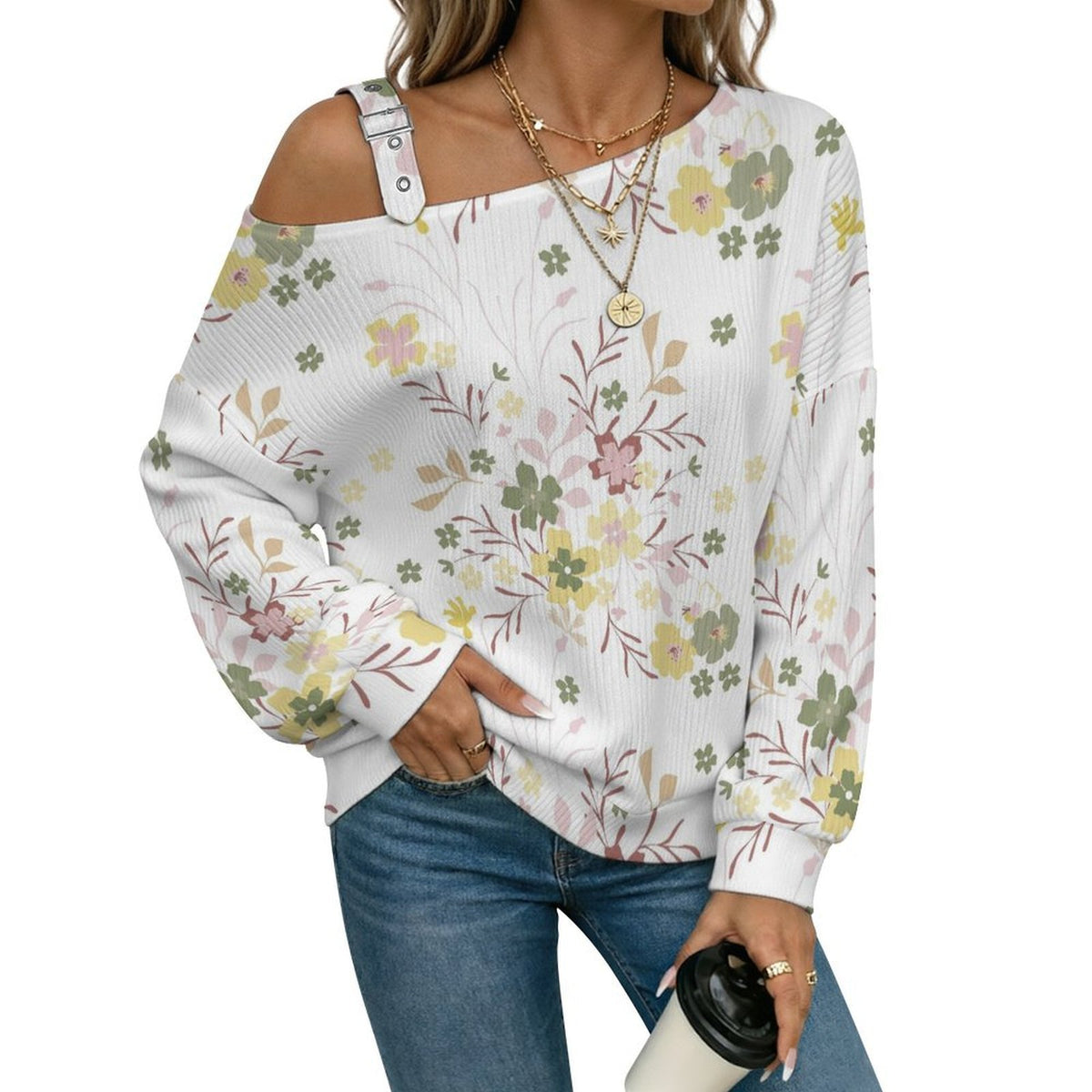 Off-the-shoulder Sweater Floral Pattern  Asymmetric Cold Shoulder Knit Sweater for Women, Adjustable Buckle Strap Long Sleeve Casual Slouchy Pullover