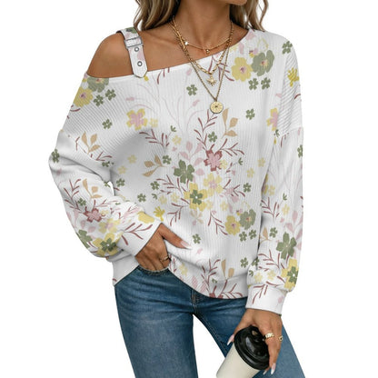 Off-the-shoulder Sweater Floral Pattern  Asymmetric Cold Shoulder Knit Sweater for Women, Adjustable Buckle Strap Long Sleeve Casual Slouchy Pullover
