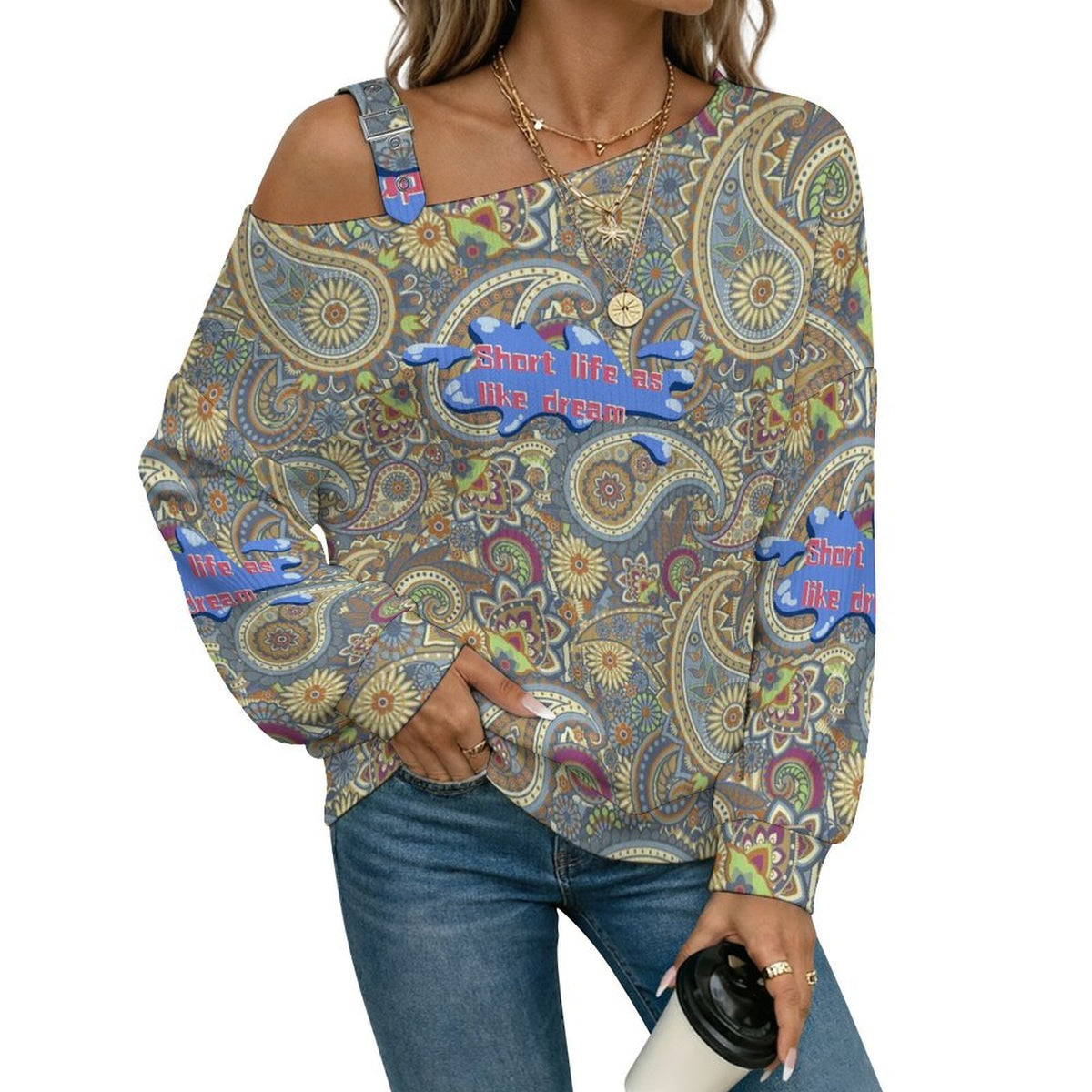 Off-the-shoulder Sweater Repeat Pattern - English Phrase  Asymmetric Cold Shoulder Knit Sweater for Women, Adjustable Buckle Strap Long Sleeve Casual Slouchy Pullover