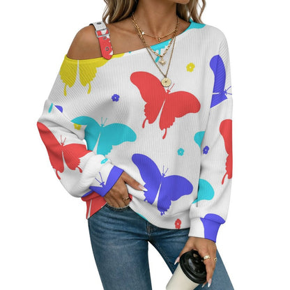 Off-the-shoulder Sweater Butterfly-color-red-blue-yellow-repeat  Asymmetric Cold Shoulder Knit Sweater for Women, Adjustable Buckle Strap Long Sleeve Casual Slouchy Pullover