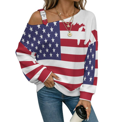 Off-the-shoulder Sweater American Flag Style Map  Asymmetric Cold Shoulder Knit Sweater for Women, Adjustable Buckle Strap Long Sleeve Casual Slouchy Pullover