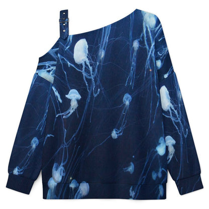 Off-the-shoulder Sweater Jellyfish Ocean  Asymmetric Cold Shoulder Knit Sweater for Women, Adjustable Buckle Strap Long Sleeve Casual Slouchy Pullover