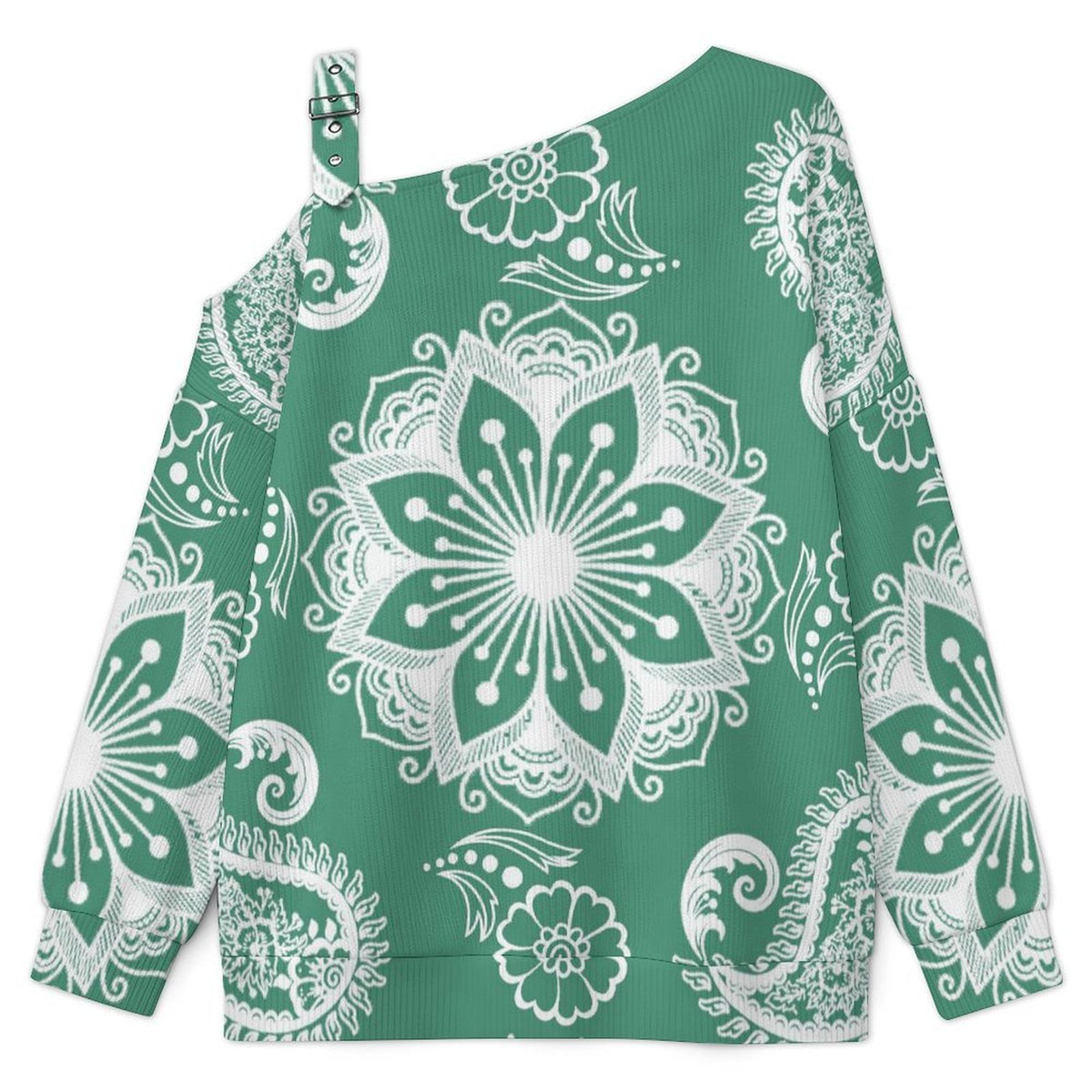 Off-the-shoulder Sweater Paisley Texture Green Repeat Tile  Asymmetric Cold Shoulder Knit Sweater for Women, Adjustable Buckle Strap Long Sleeve Casual Slouchy Pullover