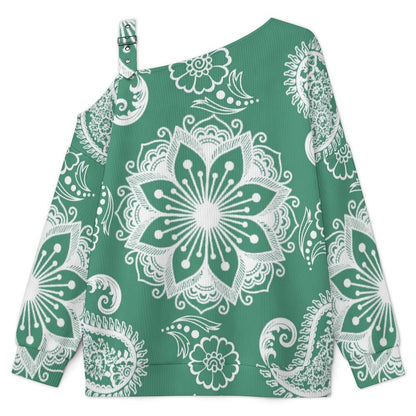 Off-the-shoulder Sweater Paisley Texture Green Repeat Tile  Asymmetric Cold Shoulder Knit Sweater for Women, Adjustable Buckle Strap Long Sleeve Casual Slouchy Pullover