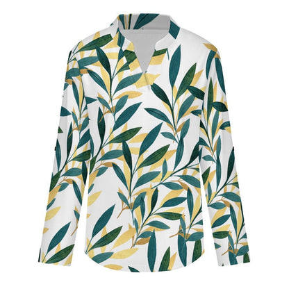 Stand-up Collar Long-sleeved Shirt Leaves, Gold, Repeating Pattern white S Women’s V-Neck Blouses