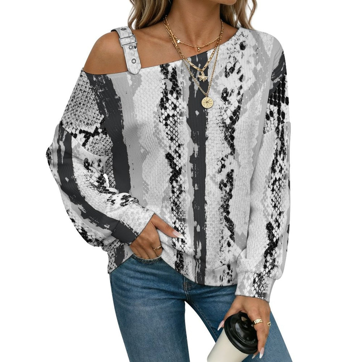 Off-the-shoulder Sweater Black And White Pattern  Asymmetric Cold Shoulder Knit Sweater for Women, Adjustable Buckle Strap Long Sleeve Casual Slouchy Pullover
