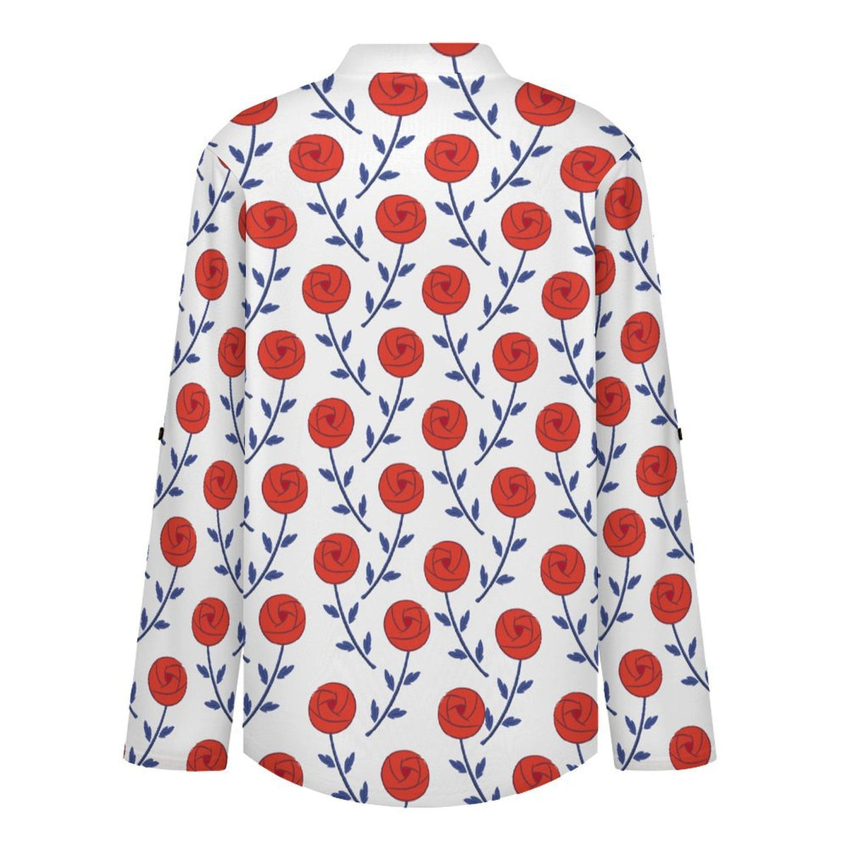 Rose, Repeating Pattern Roll Tab 3/4 Sleeve Notched V Neck Tunic Blouse