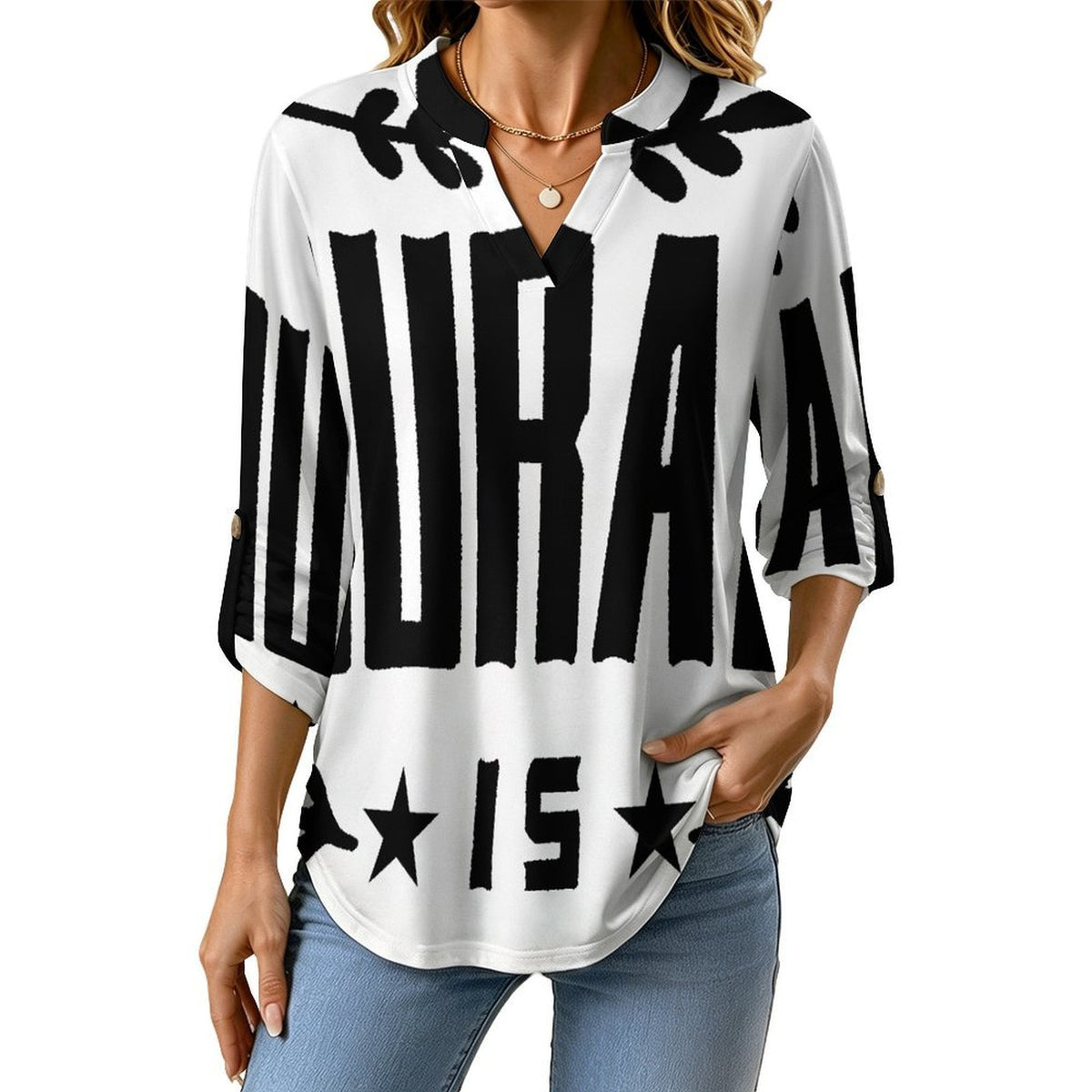Stand-up Collar Long-sleeved Shirt 1990, Retro Font Design,courage  Customization Women’s V-Neck Blouses,long Sleeve,Roll-Up Sleeve Shirt
