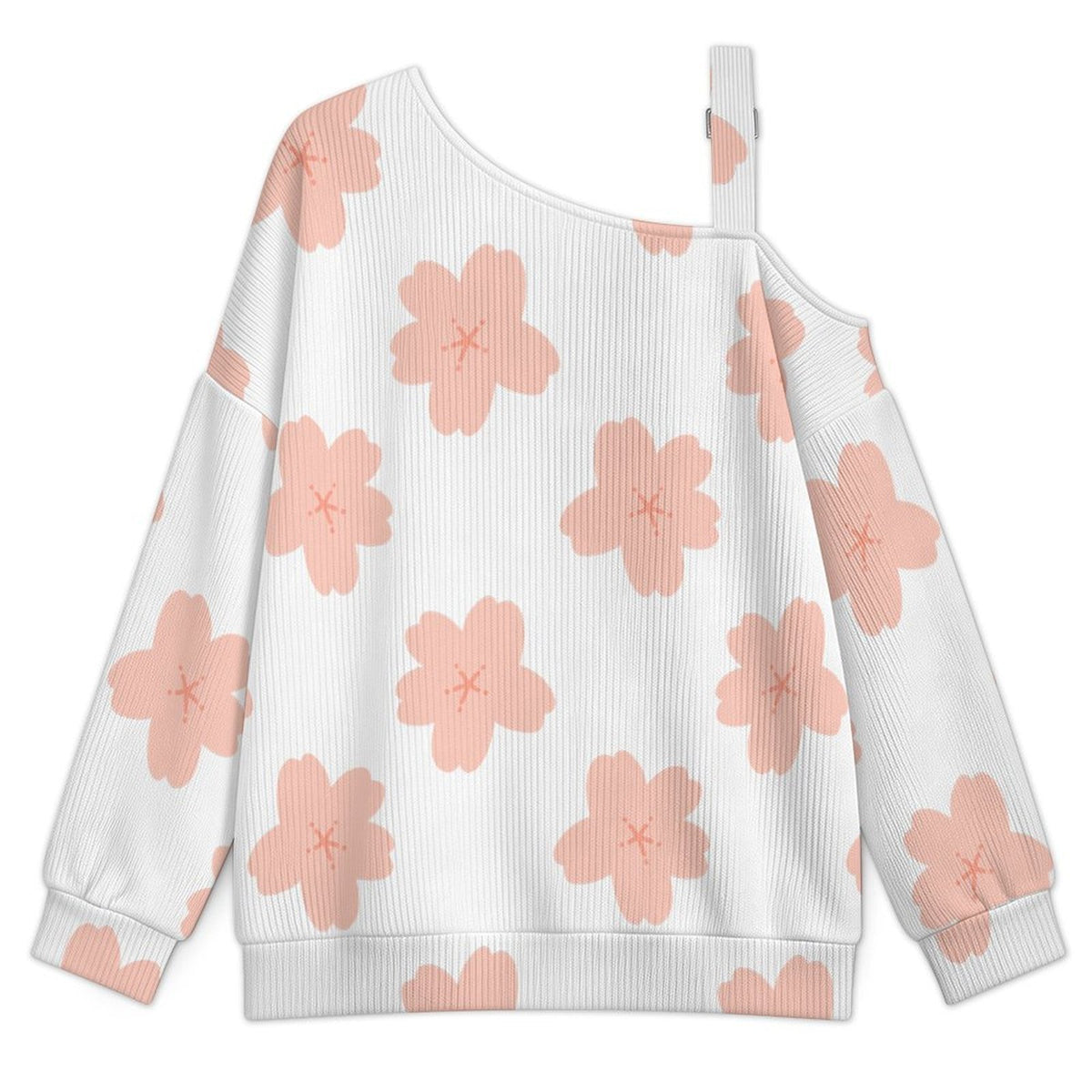 Off-the-shoulder Sweater Cherry Blossoms  Asymmetric Cold Shoulder Knit Sweater for Women, Adjustable Buckle Strap Long Sleeve Casual Slouchy Pullover