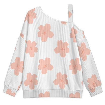 Off-the-shoulder Sweater Cherry Blossoms  Asymmetric Cold Shoulder Knit Sweater for Women, Adjustable Buckle Strap Long Sleeve Casual Slouchy Pullover