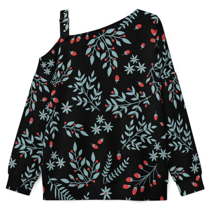 Off-the-shoulder Sweater Repeat - Tile - Leaf - Fruit - Green - Red - Black  Asymmetric Cold Shoulder Knit Sweater for Women, Adjustable Buckle Strap Long Sleeve Casual Slouchy Pullover
