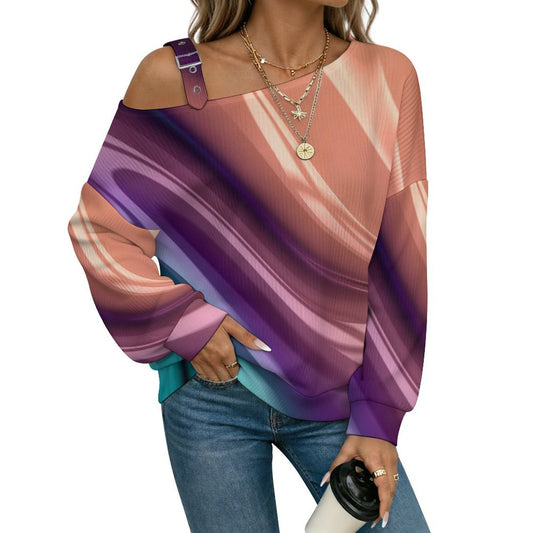 Off-the-shoulder Sweater Color Silk Slip Pattern  Asymmetric Cold Shoulder Knit Sweater for Women, Adjustable Buckle Strap Long Sleeve Casual Slouchy Pullover