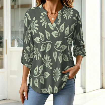 Green Sunflower Leaves  Versatile Notched V-Neck Tunic | Roll Tab 3/4 Sleeve Office Casual Top