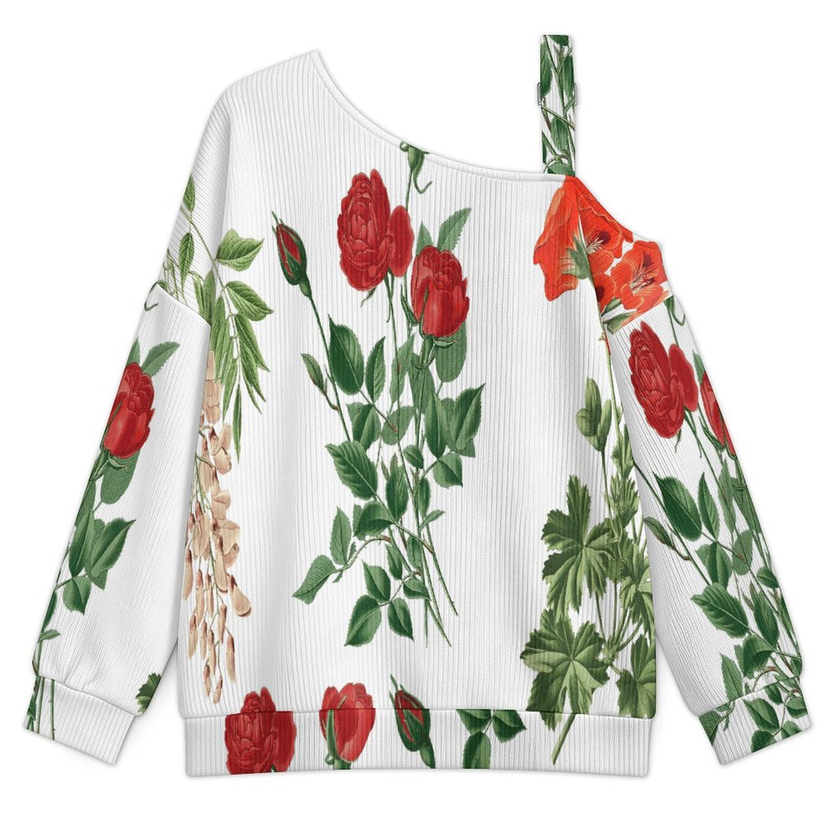 Off-the-shoulder Sweater Rose And Sophora  Asymmetric Cold Shoulder Knit Sweater for Women, Adjustable Buckle Strap Long Sleeve Casual Slouchy Pullover
