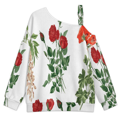 Off-the-shoulder Sweater Rose And Sophora  Asymmetric Cold Shoulder Knit Sweater for Women, Adjustable Buckle Strap Long Sleeve Casual Slouchy Pullover