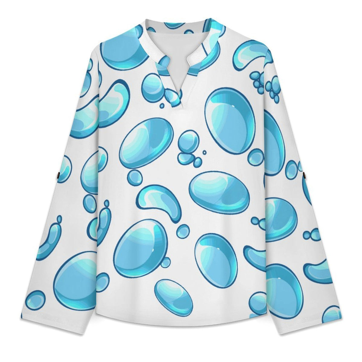 Stand-up Collar Long-sleeved Shirt Blue Water Droplets  Customization Women’s V-Neck Blouses,long Sleeve,Roll-Up Sleeve Shirt