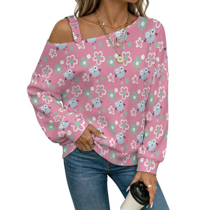 Off-the-shoulder Sweater Owls, Animals  Asymmetric Cold Shoulder Knit Sweater for Women, Adjustable Buckle Strap Long Sleeve Casual Slouchy Pullover