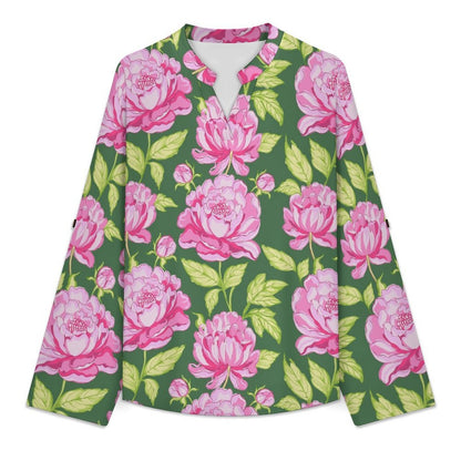 Stand-up Collar Long-sleeved Shirt Pink, Peony, Pink Green