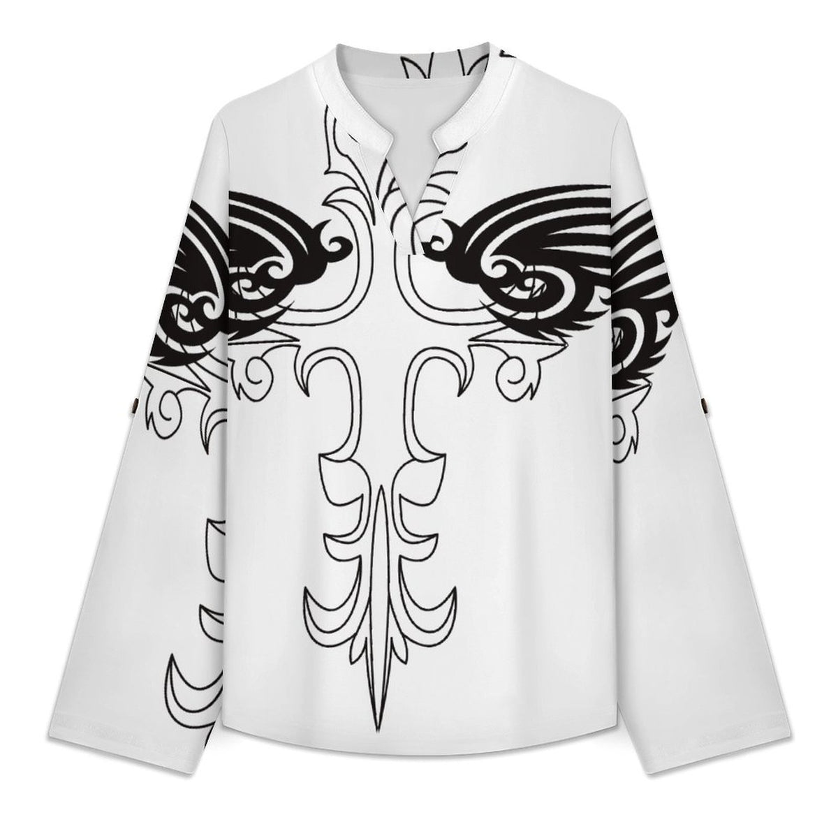 Stand-up Collar Long-sleeved Shirt Cross, Wings  Customization Women’s V-Neck Blouses,long Sleeve,Roll-Up Sleeve Shirt