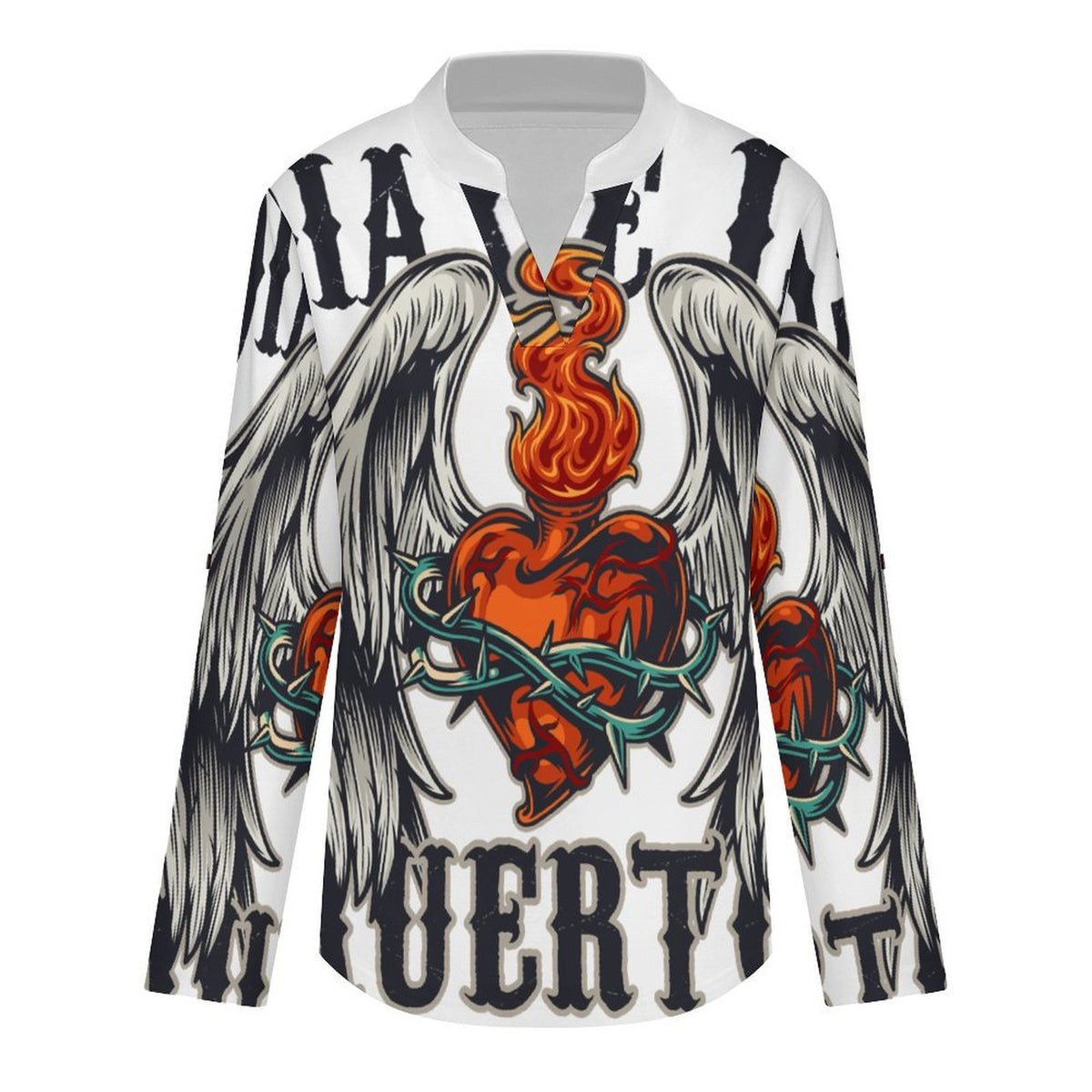Stand-up Collar Long-sleeved Shirt Death Day,heart, Wings  Customization Women’s V-Neck Blouses,long Sleeve,Roll-Up Sleeve Shirt