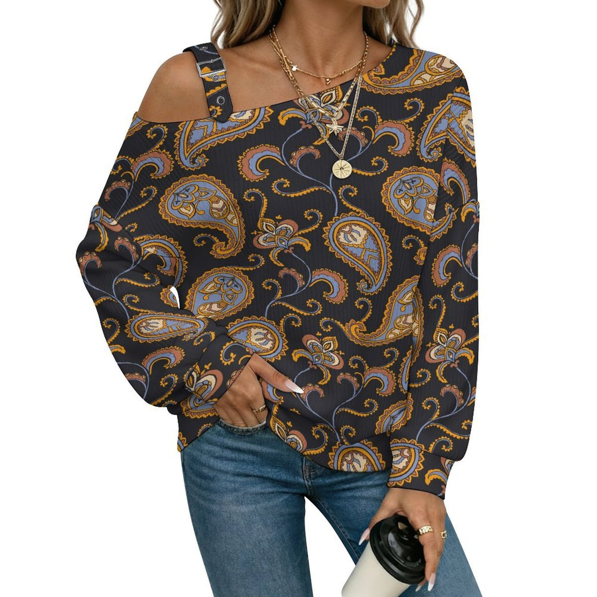 Off-the-shoulder Sweater European Retro Pattern  Asymmetric Cold Shoulder Knit Sweater for Women, Adjustable Buckle Strap Long Sleeve Casual Slouchy Pullover