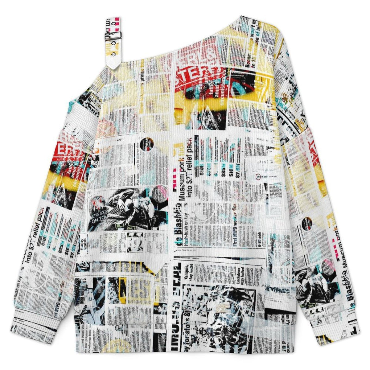 Buckle Strap Asymmetrical Off Shoulder Knit Sweater Newspaper