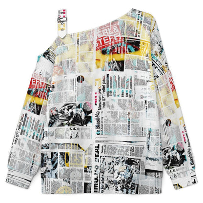 Buckle Strap Asymmetrical Off Shoulder Knit Sweater Newspaper