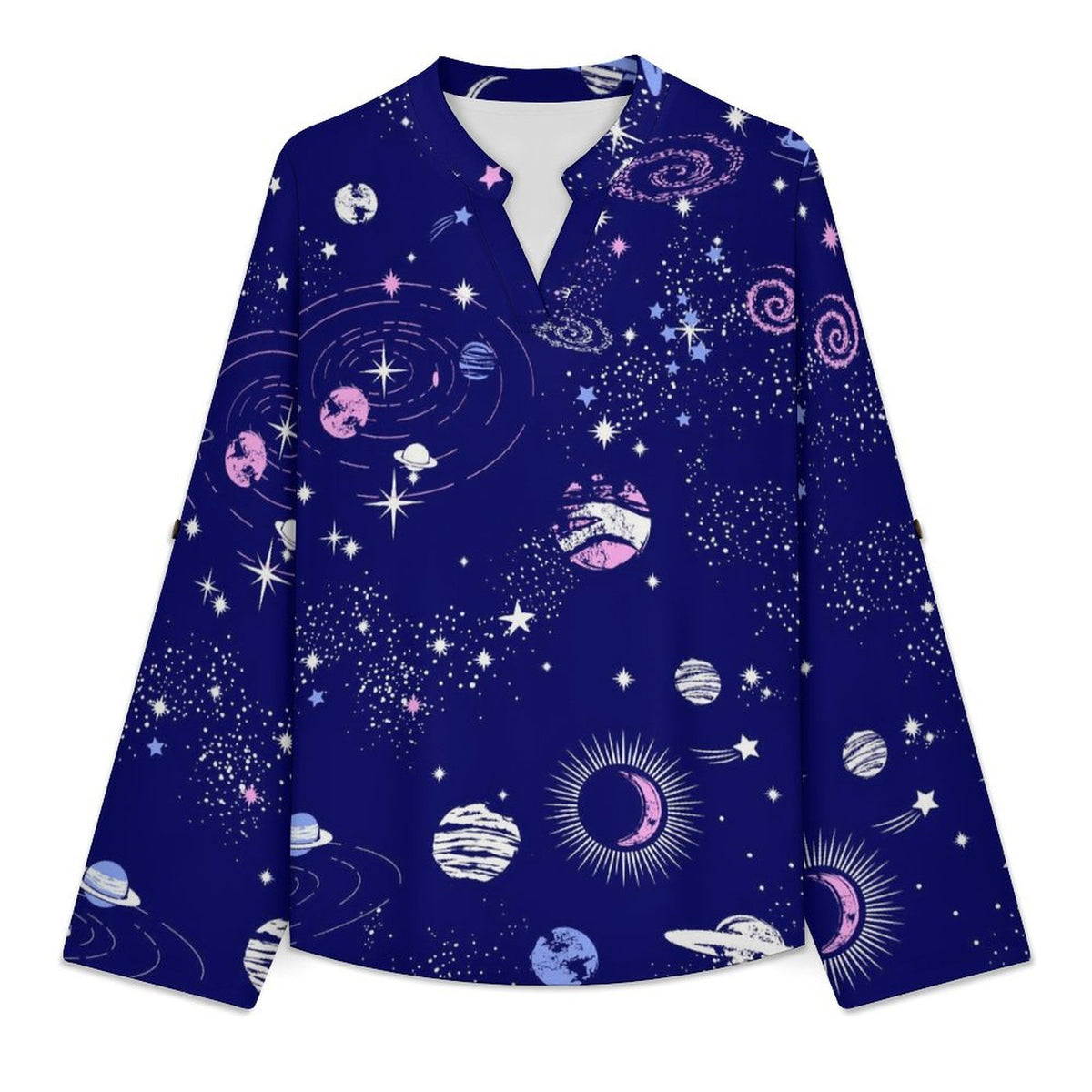 Women's Notched V Neck Tunic Tops, Roll Up 3/4 Sleeve Button Cuff Casual Blouse, Hem Loose Work Shirts  Blue Planet, Outer Space