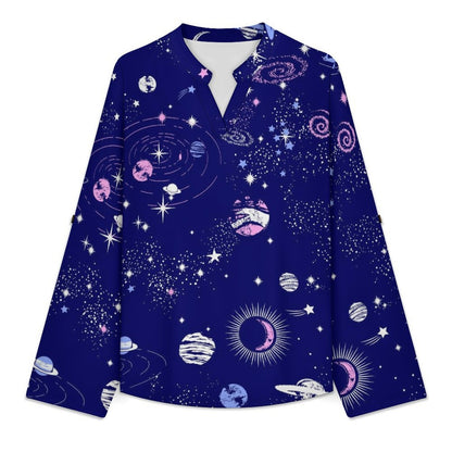 Women's Notched V Neck Tunic Tops, Roll Up 3/4 Sleeve Button Cuff Casual Blouse, Hem Loose Work Shirts  Blue Planet, Outer Space
