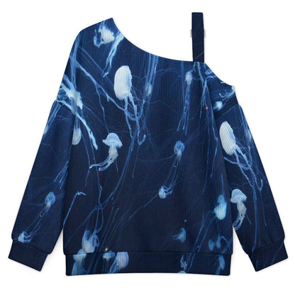 Off-the-shoulder Sweater Jellyfish Ocean  Asymmetric Cold Shoulder Knit Sweater for Women, Adjustable Buckle Strap Long Sleeve Casual Slouchy Pullover