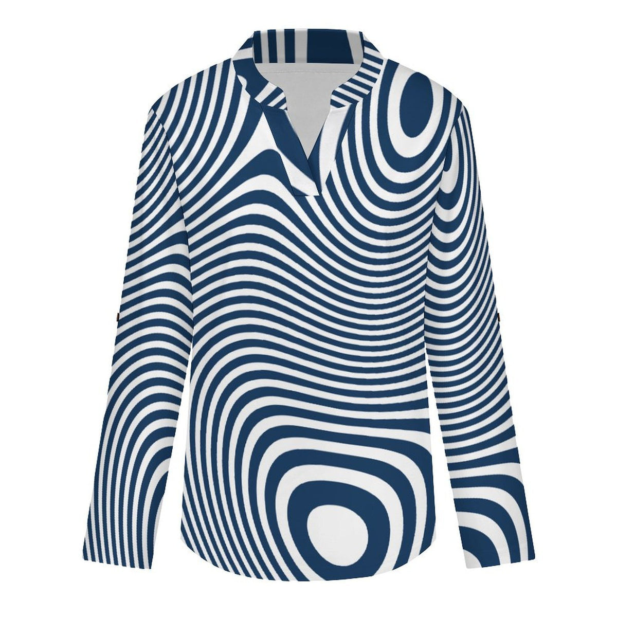 Stand-up Collar Long-sleeved Shirt Blue, Line Pattern, Abstract  Customization Women’s V-Neck Blouses,long Sleeve,Roll-Up Sleeve Shirt