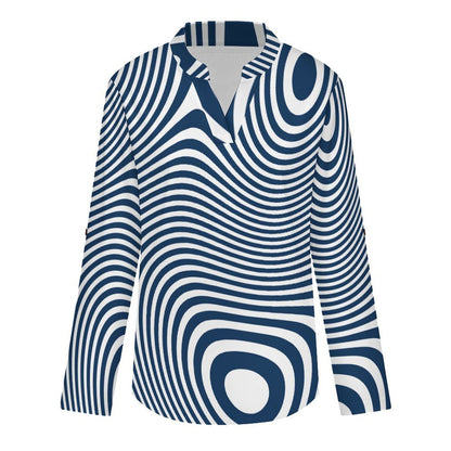 Stand-up Collar Long-sleeved Shirt Blue, Line Pattern, Abstract  Customization Women’s V-Neck Blouses,long Sleeve,Roll-Up Sleeve Shirt