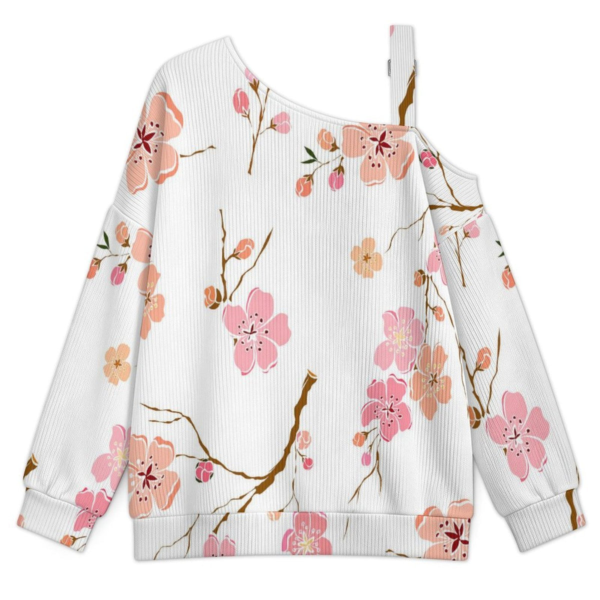 Off-the-shoulder Sweater Flowers  Asymmetric Cold Shoulder Knit Sweater for Women, Adjustable Buckle Strap Long Sleeve Casual Slouchy Pullover