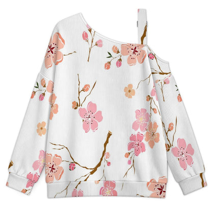 Off-the-shoulder Sweater Flowers  Asymmetric Cold Shoulder Knit Sweater for Women, Adjustable Buckle Strap Long Sleeve Casual Slouchy Pullover