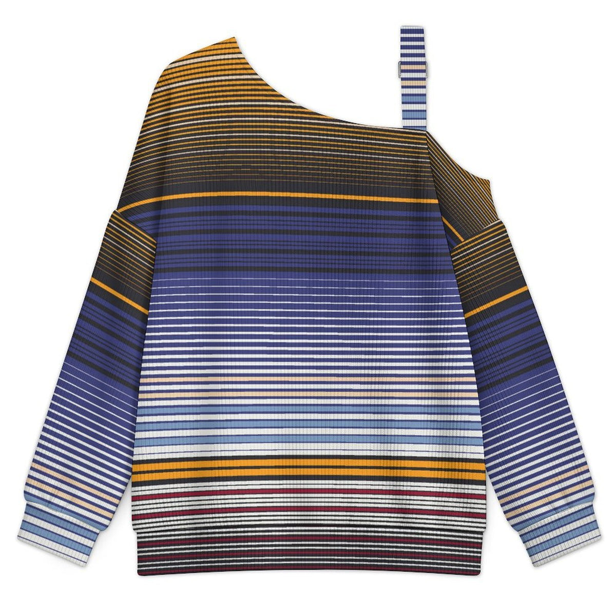 Off-the-shoulder Sweater Fashion Stripe  Asymmetric Cold Shoulder Knit Sweater for Women, Adjustable Buckle Strap Long Sleeve Casual Slouchy Pullover
