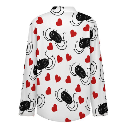 Stand-up Collar Long-sleeved Shirt Long-legged Cat, Funny, Repeating Pattern  Women’s V-Neck Blouses