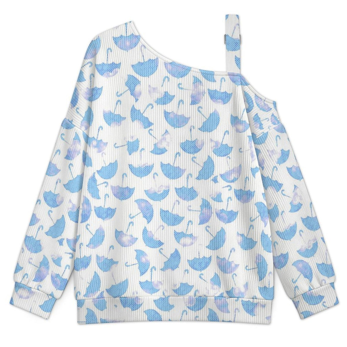 Off-the-shoulder Sweater Blue And White Umbrella  Asymmetric Cold Shoulder Knit Sweater for Women, Adjustable Buckle Strap Long Sleeve Casual Slouchy Pullover