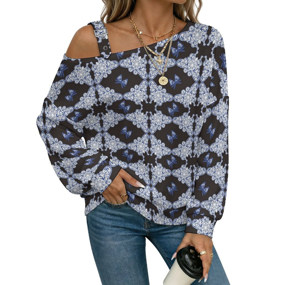 Women’s Off-Shoulder Knit Sweater Noble, Blue Butterfly Pattern
