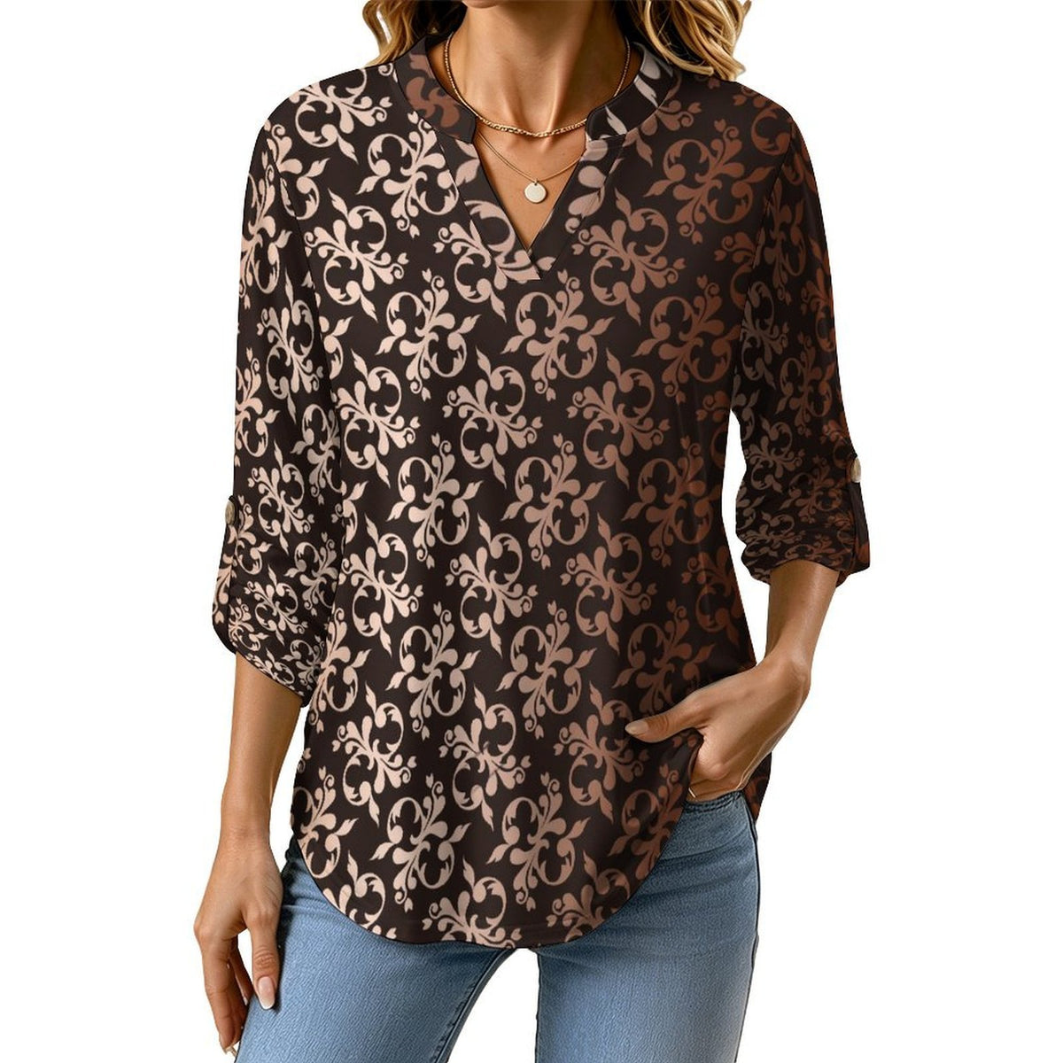 Stand-up Collar Long-sleeved Shirt Girl Dress Flower Pattern