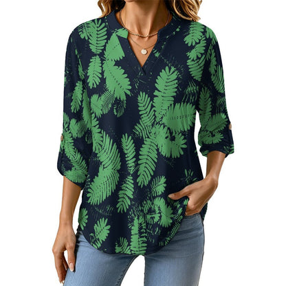 Stand-up Collar Long-sleeved Shirt Green Leaves  Customization Women’s V-Neck Blouses,long Sleeve,Roll-Up Sleeve Shirt