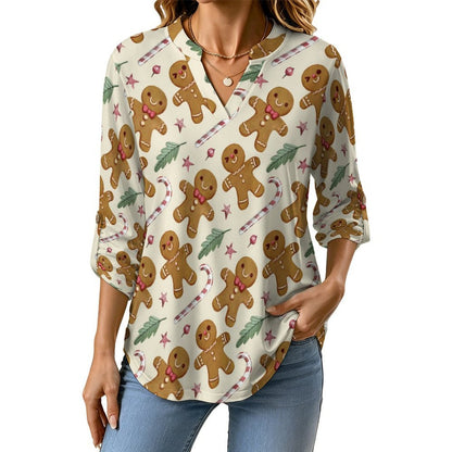 Stand-up Collar Long-sleeved Shirt Christmas Pattern  Women’s V-Neck Blouses