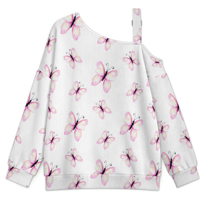Women’s Off-Shoulder Knit Sweater Pink Butterfly