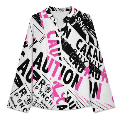 Stand-up Collar Long-sleeved Shirt Vintage Newspaper  Customization Women’s V-Neck Blouses,long Sleeve,Roll-Up Sleeve Shirt