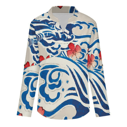 Stand-up Collar Long-sleeved Shirt Chinese Wind, Waves, Flowers  Customization Women’s V-Neck Blouses,long Sleeve,Roll-Up Sleeve Shirt