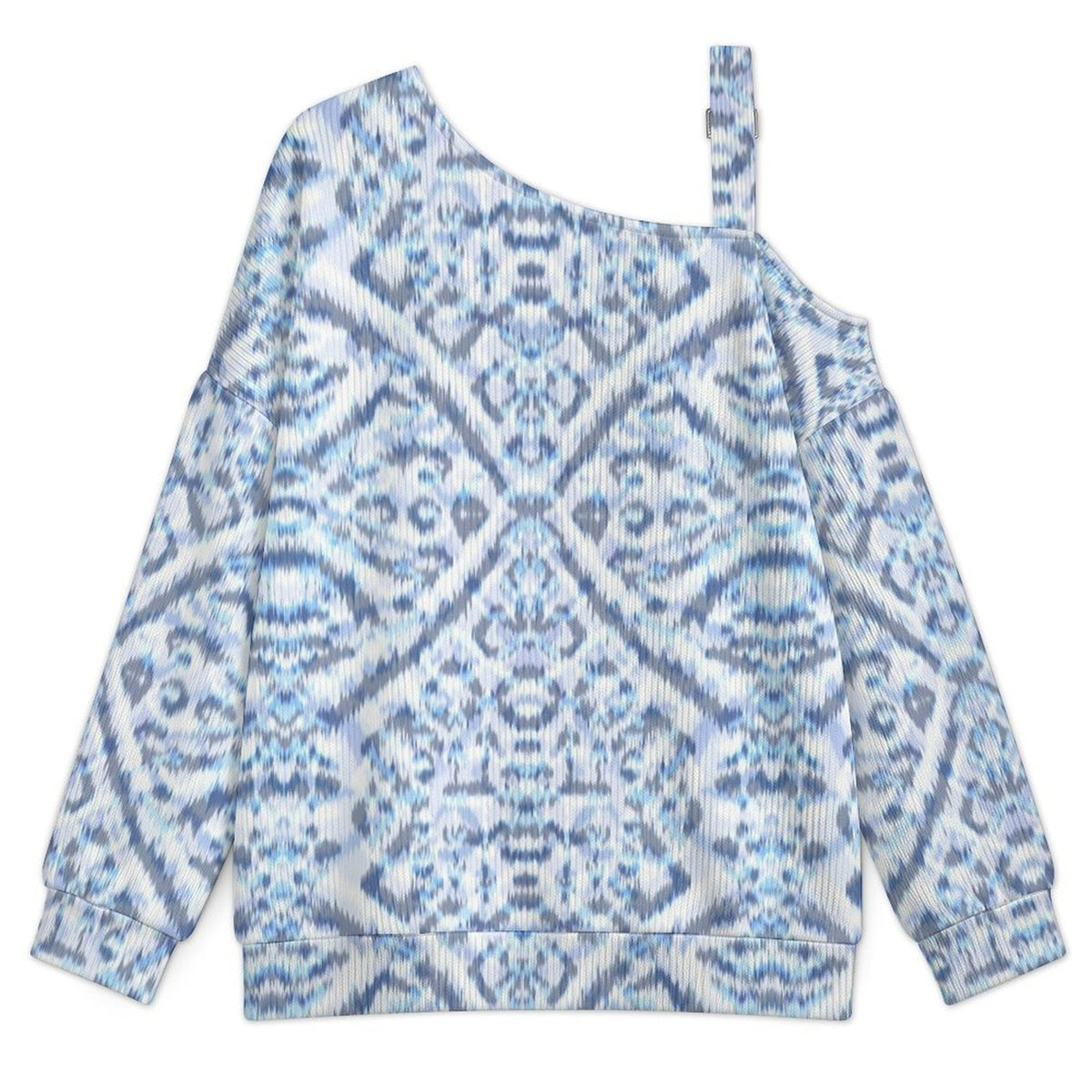 Off-the-shoulder Sweater European Retro Pattern  Asymmetric Cold Shoulder Knit Sweater for Women, Adjustable Buckle Strap Long Sleeve Casual Slouchy Pullover
