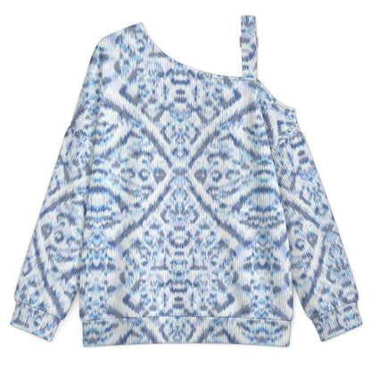 Off-the-shoulder Sweater European Retro Pattern  Asymmetric Cold Shoulder Knit Sweater for Women, Adjustable Buckle Strap Long Sleeve Casual Slouchy Pullover