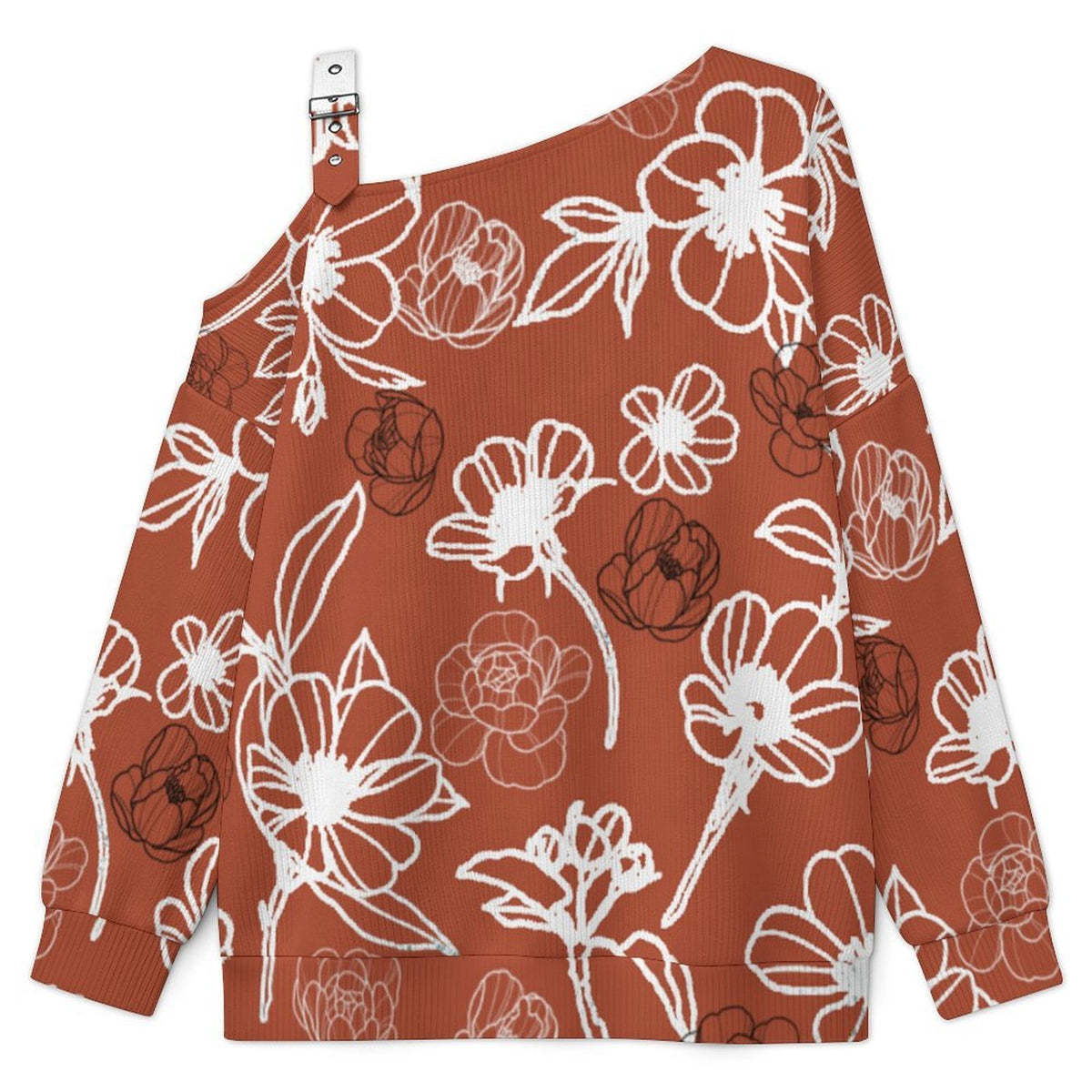 Off-the-shoulder Sweater Gorgeous Red Flowers  Asymmetric Cold Shoulder Knit Sweater for Women, Adjustable Buckle Strap Long Sleeve Casual Slouchy Pullover