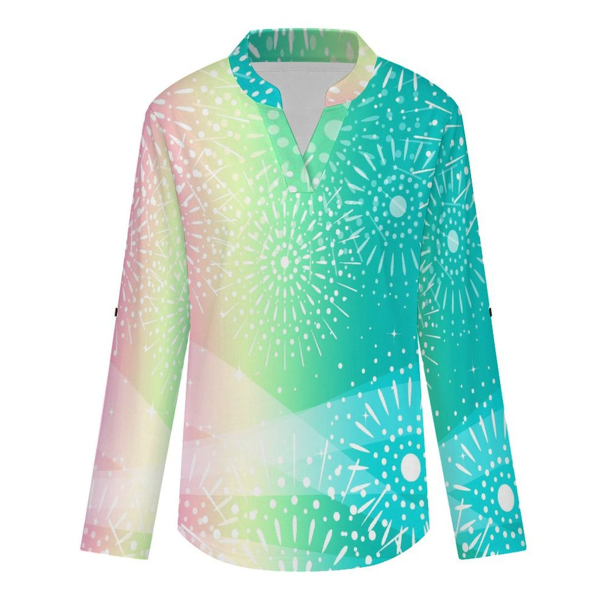 Stand-up Collar Long-sleeved Shirt Rainbow, Color Pattern  Customization Women’s V-Neck Blouses,long Sleeve,Roll-Up Sleeve Shirt
